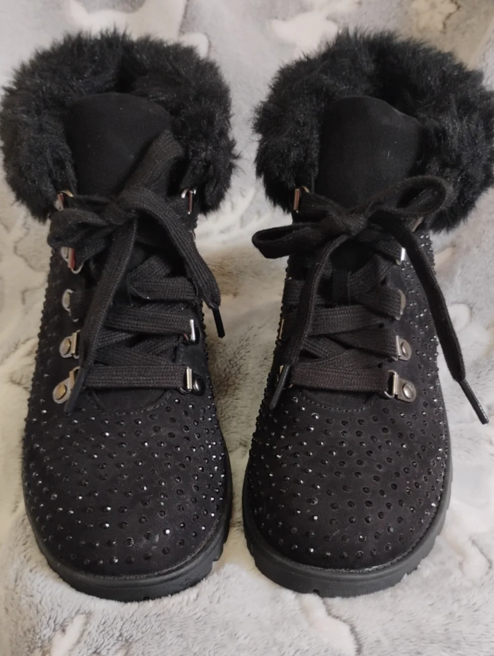 Justice Black Faux-Fur Lace-Up Winter Boots With Studded Accents 8